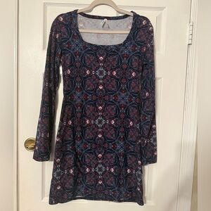 Mudd Navy Long-Sleeve Scoop Neck Dress with Pink & Blue Floral Medallions